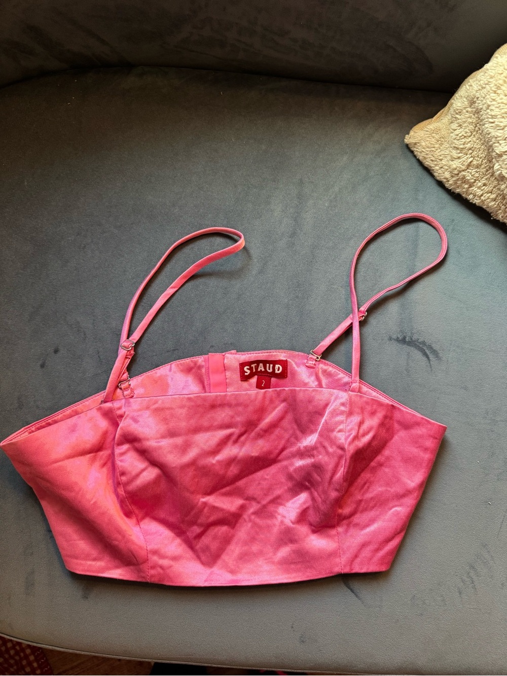 STAUD Hot Pink Satin Bandeau Crop Top with Spaghetti Straps